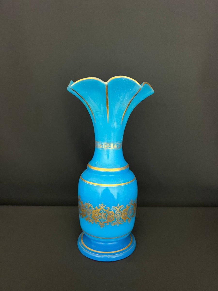 Blue Opaline Glass Vase With Gilded Decoration, Napoleon III Period-photo-2
