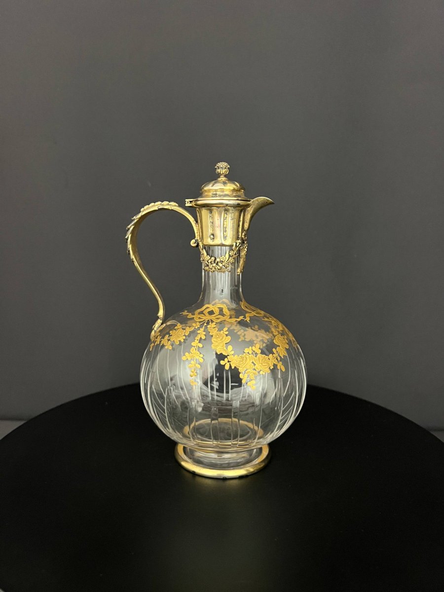 Cut Crystal Ewer With Gilded Decoration And Gilded Silver Mounting