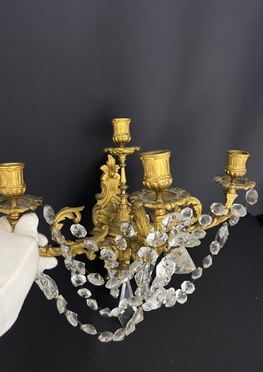 Paire d’appliques rocaille en bronze doré et cristal, fin XIXe siècle-photo-2