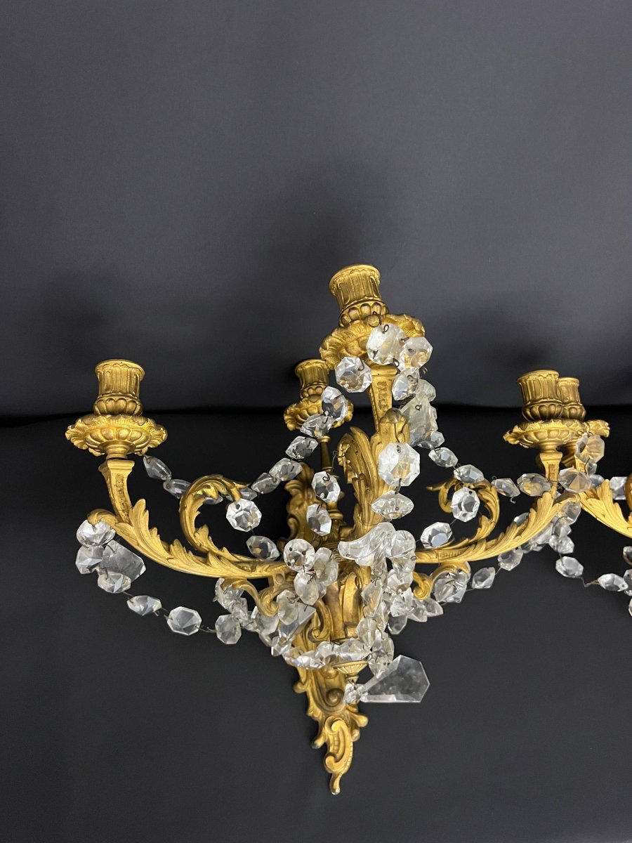 Paire d’appliques rocaille en bronze doré et cristal, fin XIXe siècle-photo-3