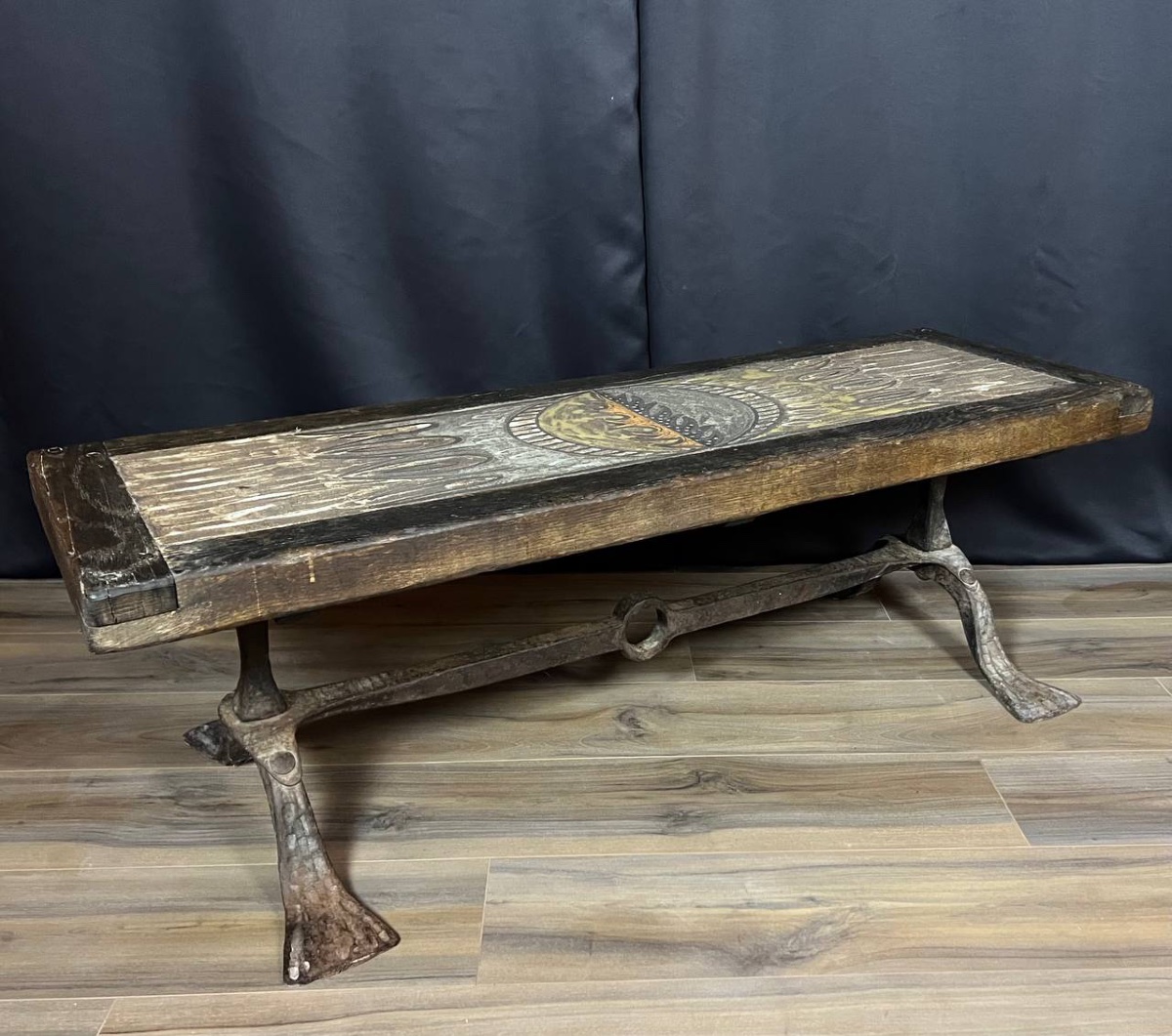 Table basse signée J. G. Picard – céramique, bois et métal forgé-photo-2