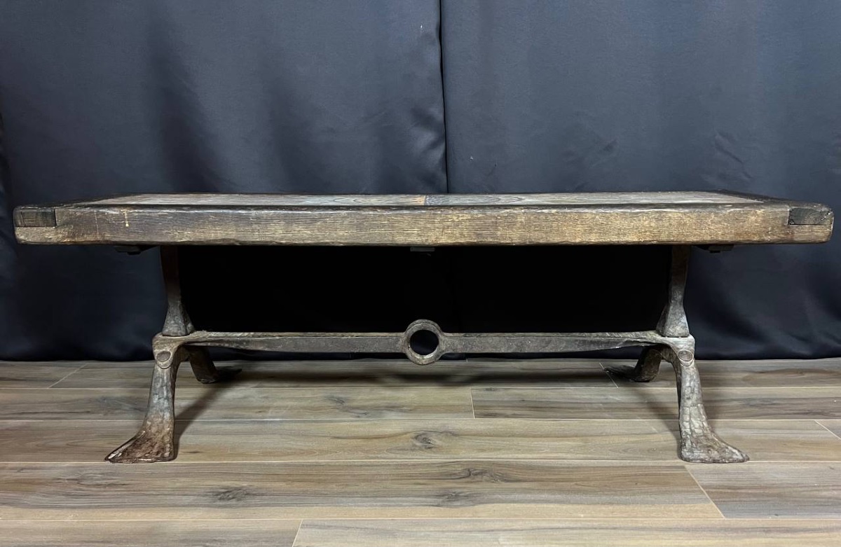 Table basse signée J. G. Picard – céramique, bois et métal forgé-photo-4