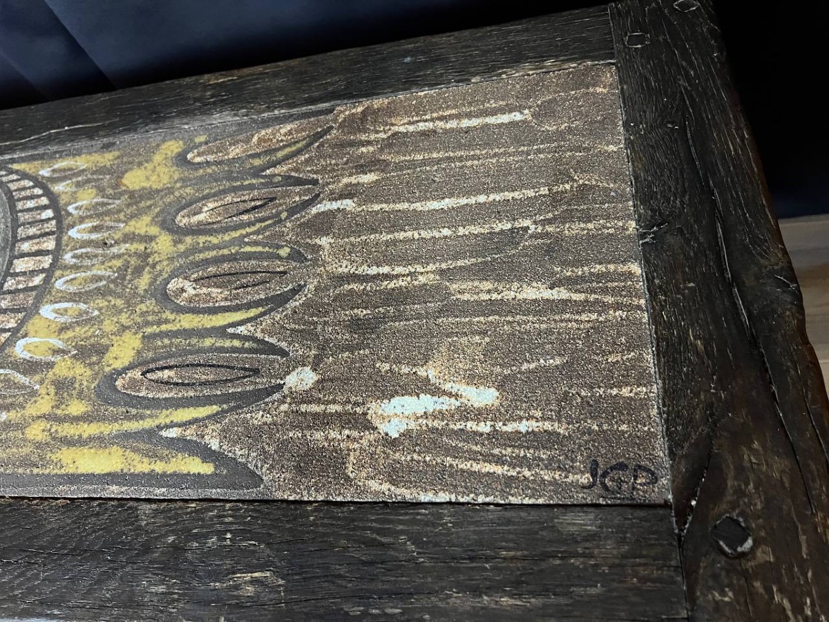 Table basse signée J. G. Picard – céramique, bois et métal forgé-photo-3