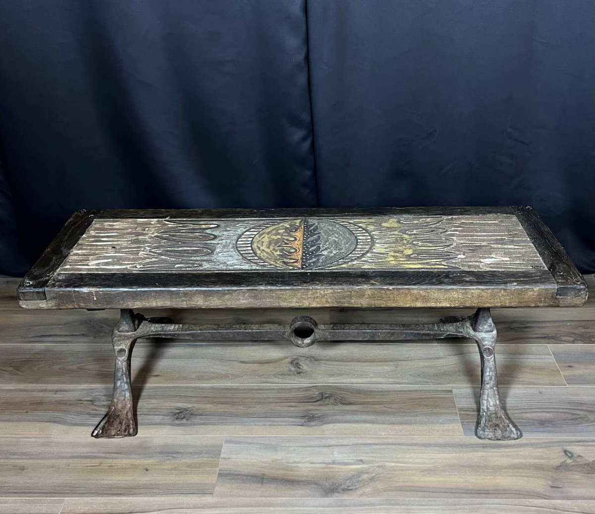 Table basse signée J. G. Picard – céramique, bois et métal forgé-photo-5