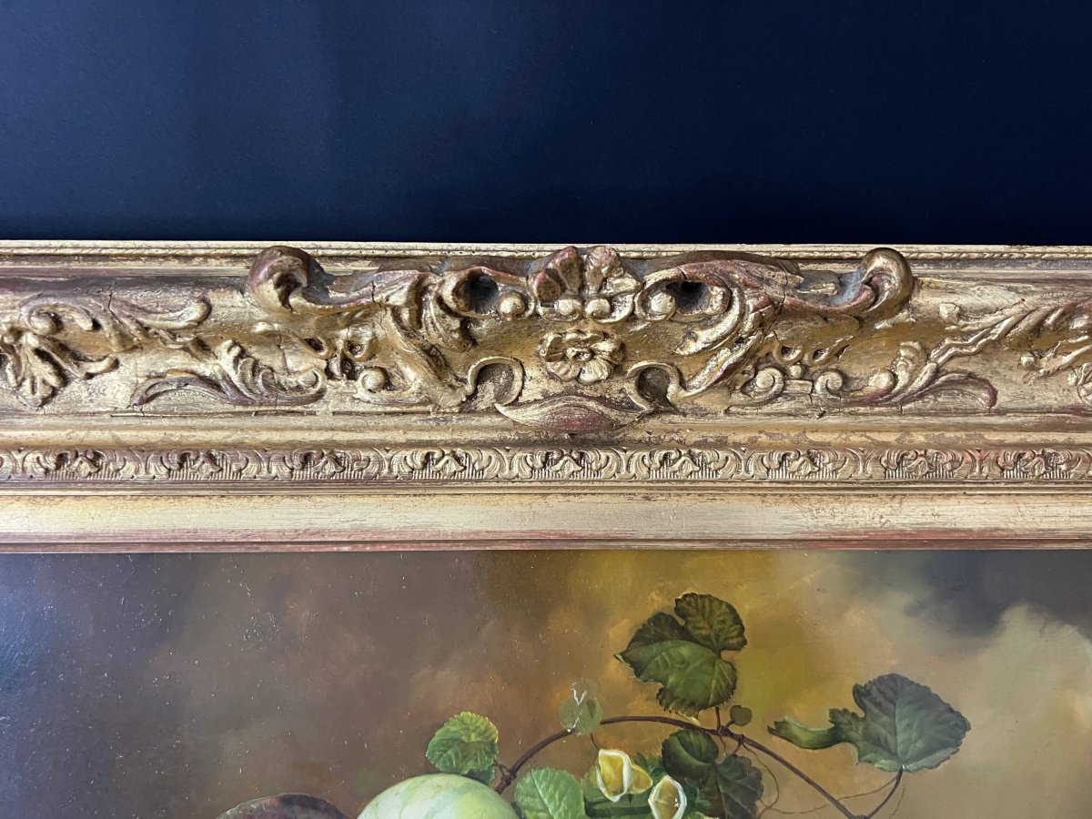 Nature morte aux fruits et fleurs – Huile sur panneau-photo-4