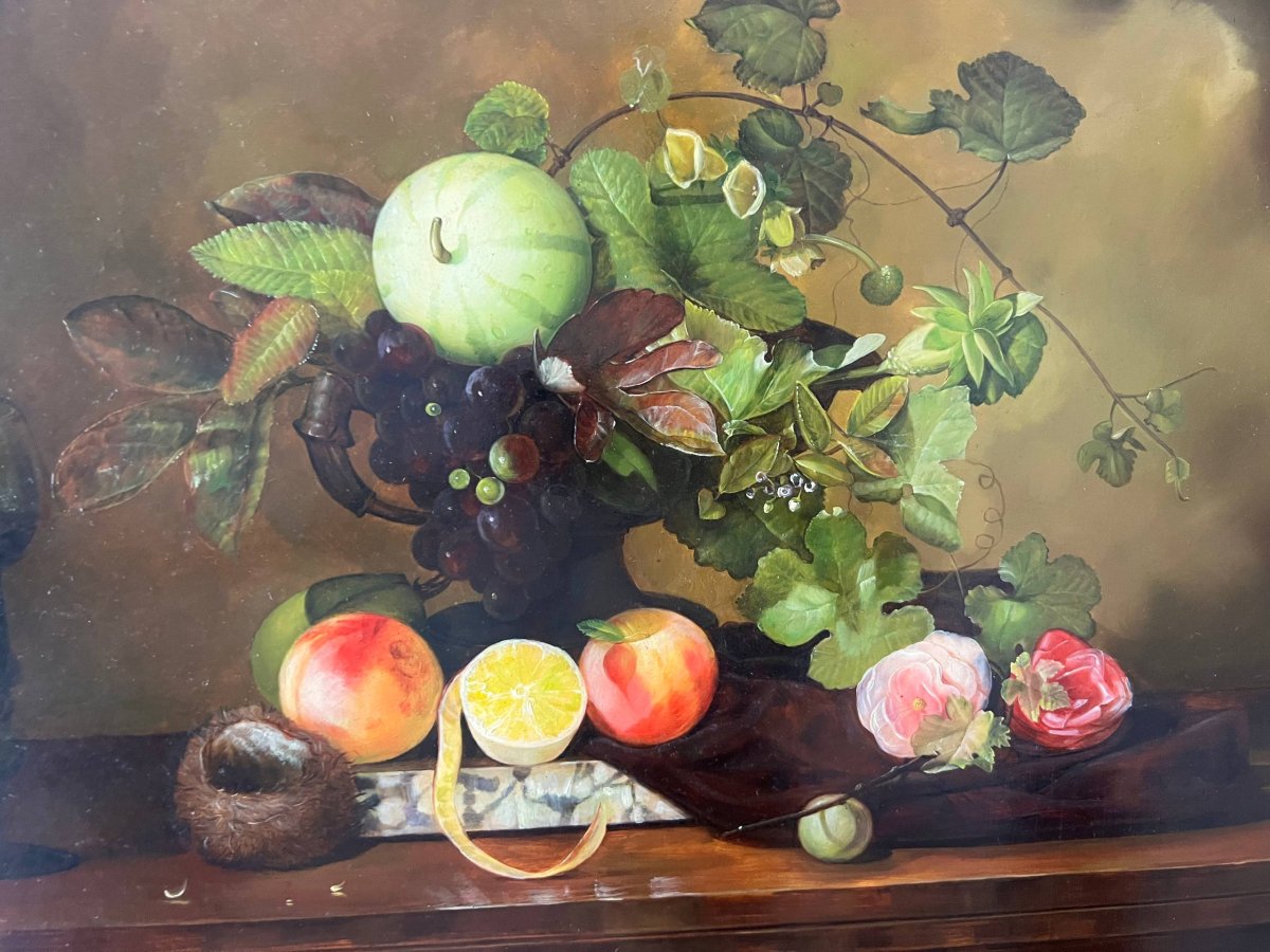 Nature morte aux fruits et fleurs – Huile sur panneau-photo-2