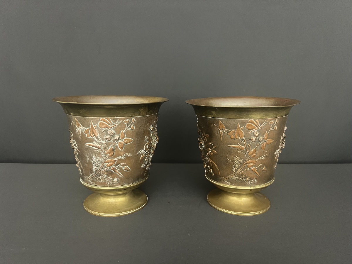 Paire de cache-pots en bronze et cuivre à riche décor floral en relief-photo-3