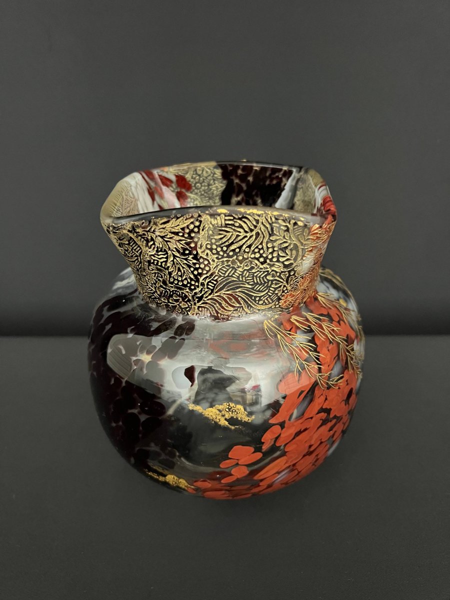 Vase en verre à décor polychrome et doré dans le goût d’Eugène Rousseau-photo-2