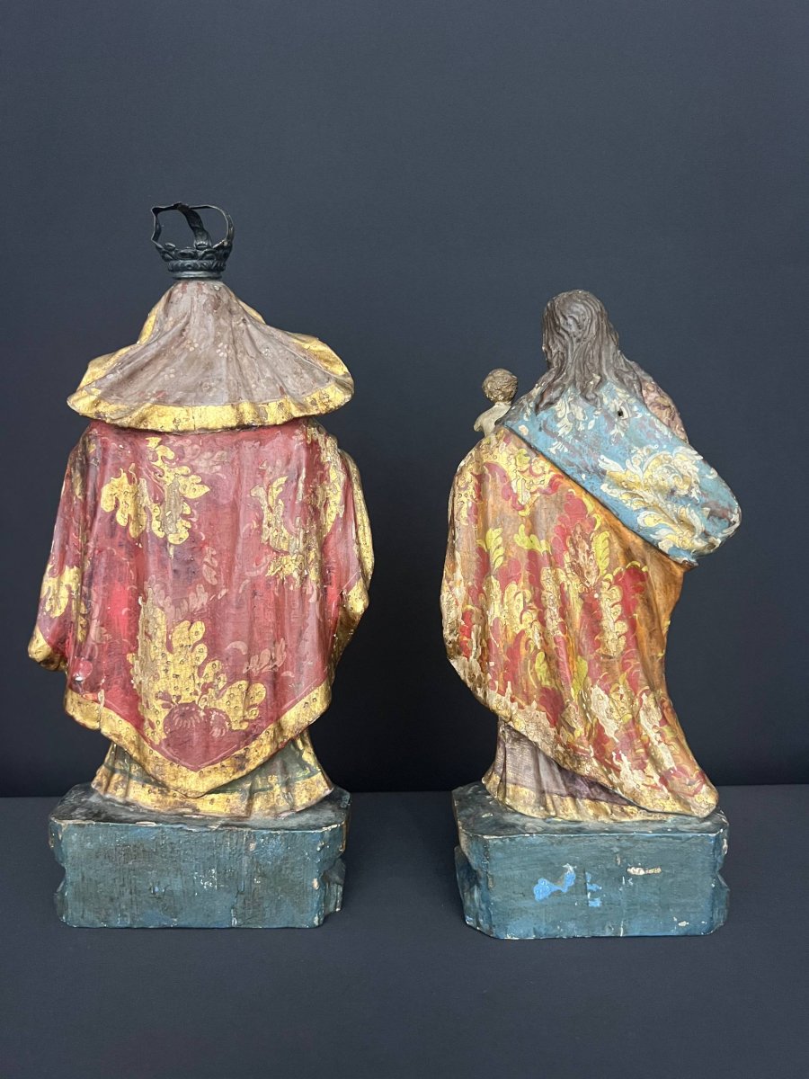 Paire de sculptures religieuses en bois polychrome et doré, Vierge couronnée et Saint Joseph-photo-3
