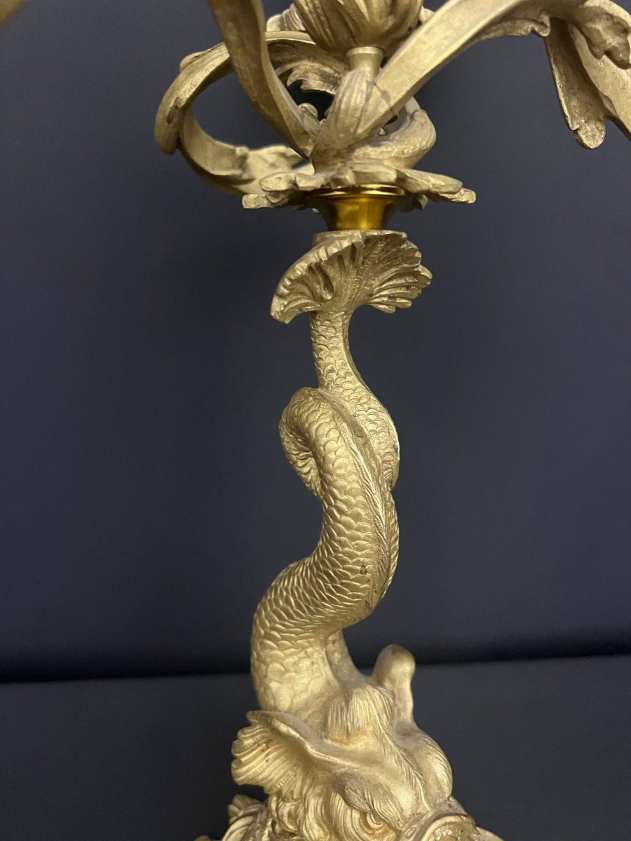 Gilded Bronze Candelabra With Dolphin Motifs, Louis XV Style-photo-2