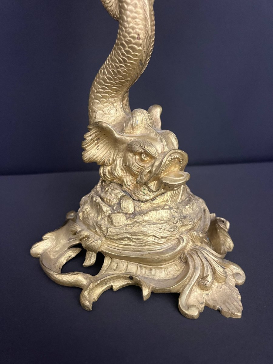Gilded Bronze Candelabra With Dolphin Motifs, Louis XV Style-photo-3