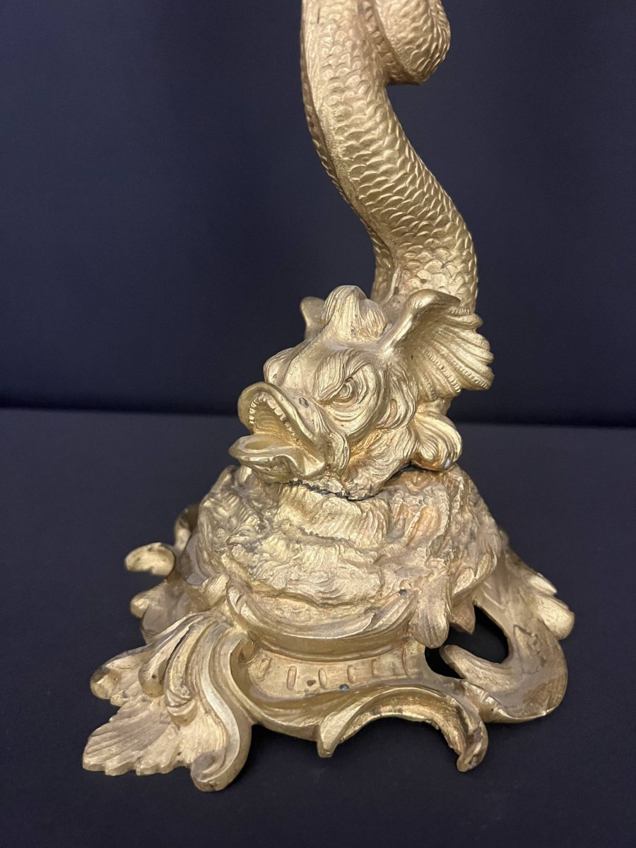 Gilded Bronze Candelabra With Dolphin Motifs, Louis XV Style-photo-4