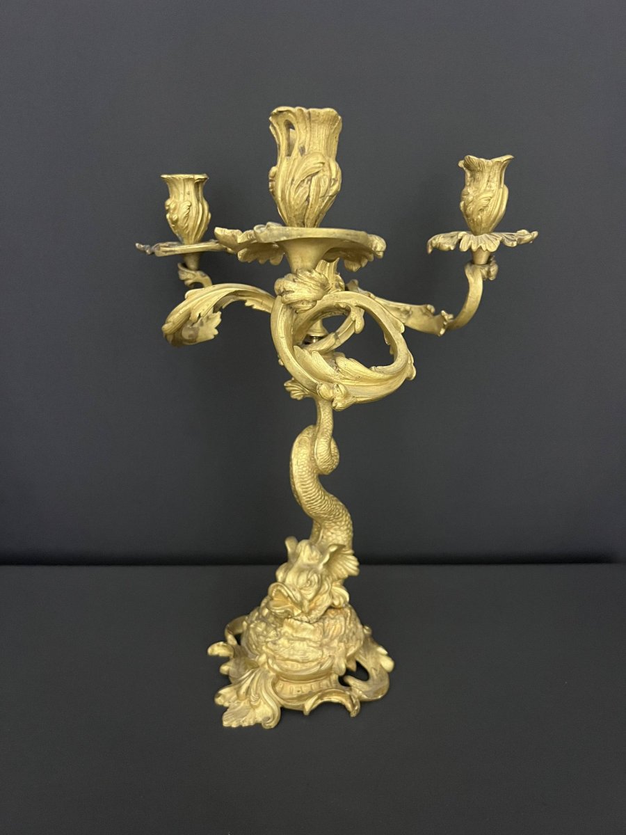 Gilded Bronze Candelabra With Dolphin Motifs, Louis XV Style