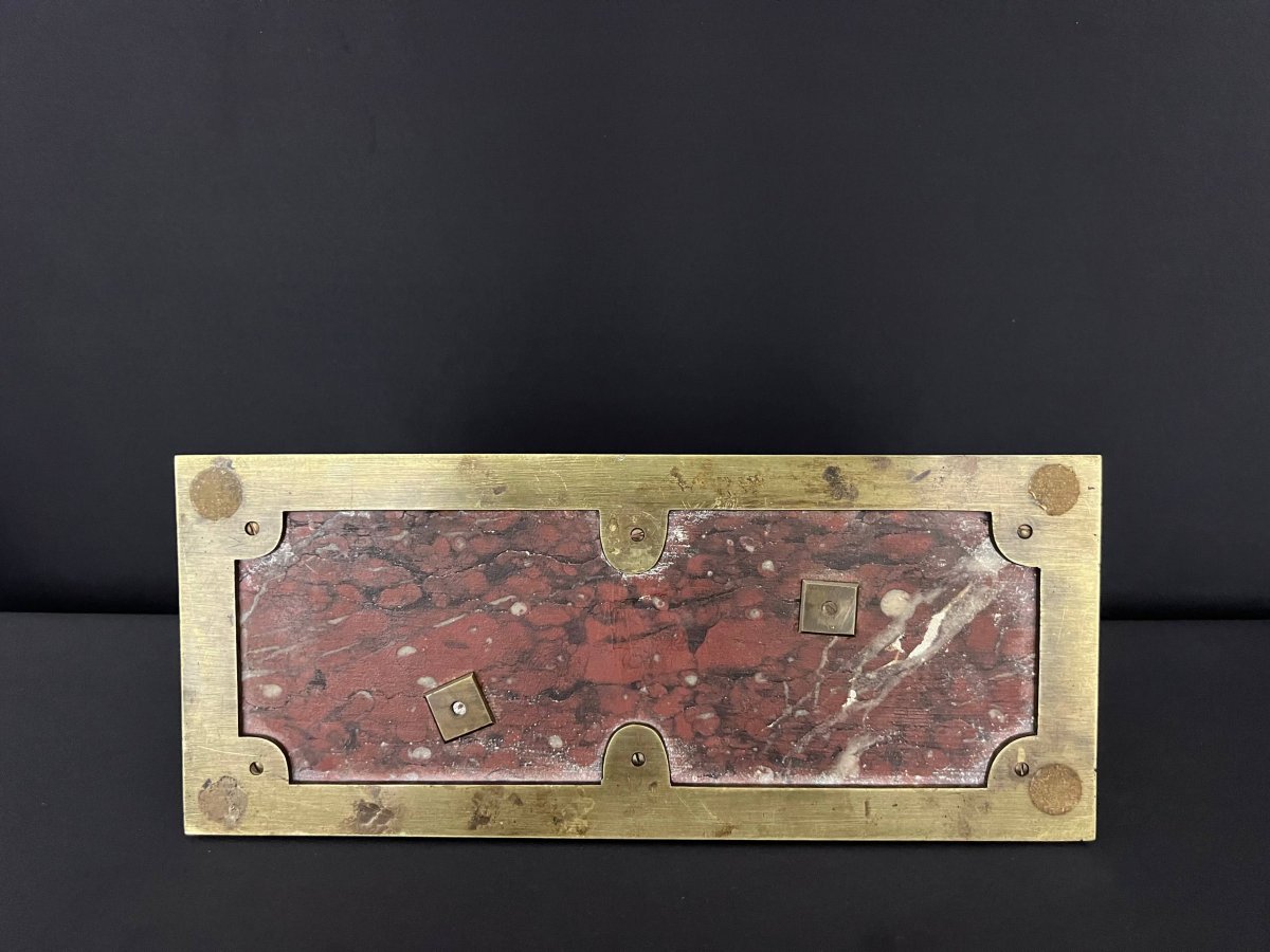 Presse-papiers en bronze au chien couché sur marbre rouge griotte-photo-4