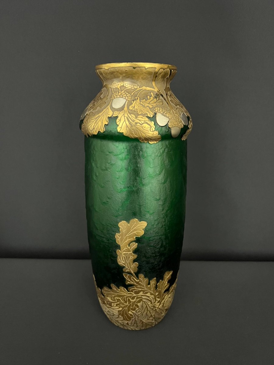 Montjoye - François-Théodore Legras, vase en verre vert givré à décor de feuilles de chêne-photo-2
