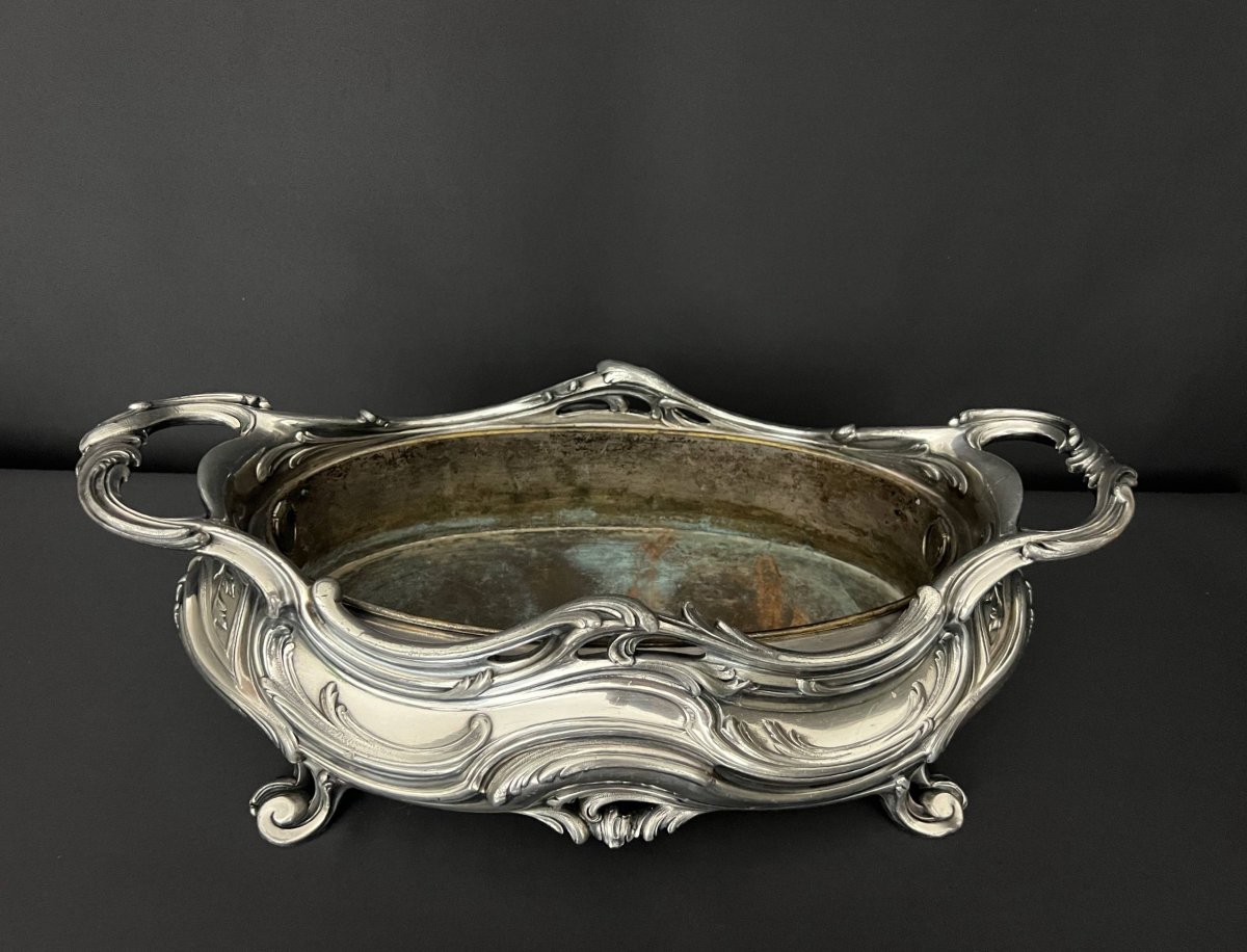 Victor Saglier – Jardinière de table en bronze argenté, décor rocaille, fin du XIXe siècle-photo-2