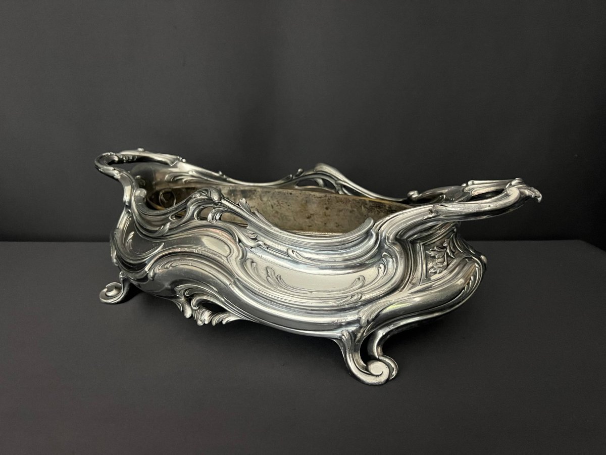 Victor Saglier – Jardinière de table en bronze argenté, décor rocaille, fin du XIXe siècle-photo-4