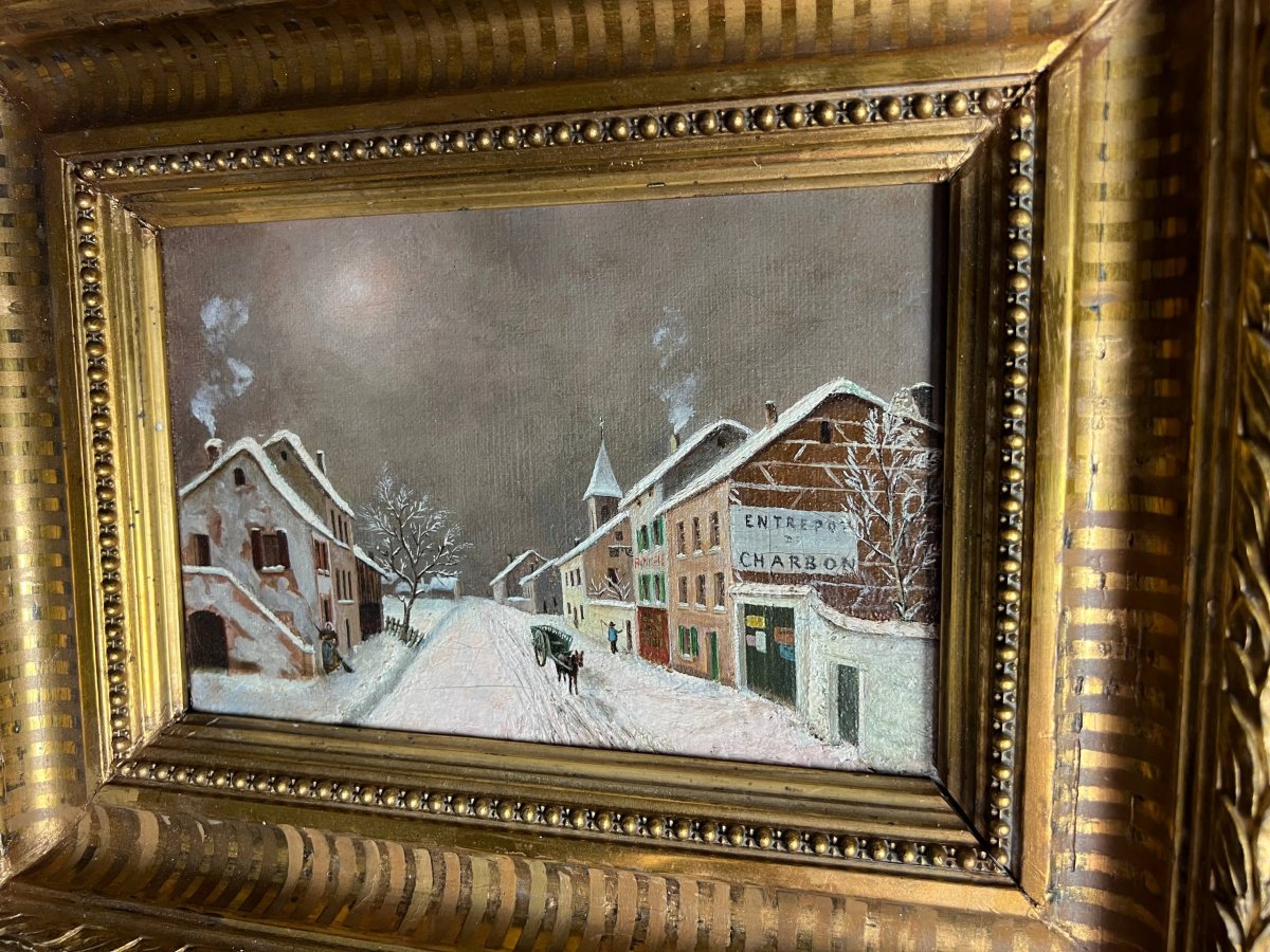 Paysage d’hiver – Huile sur toile dans son cadre en bois doré-photo-2