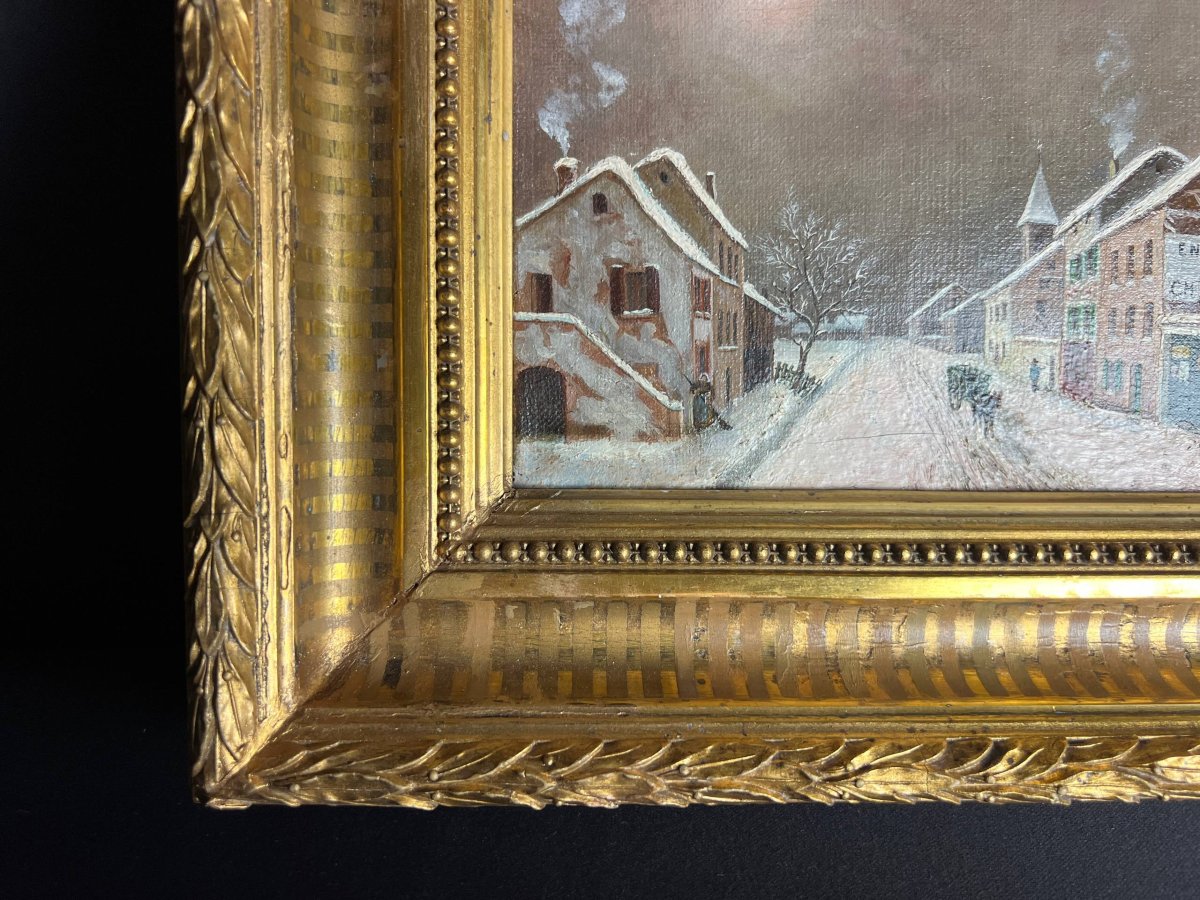 Paysage d’hiver – Huile sur toile dans son cadre en bois doré-photo-3