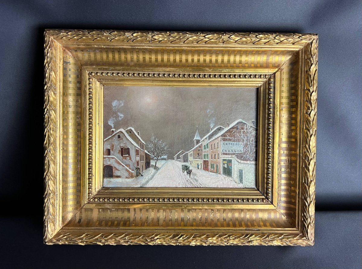 Paysage d’hiver – Huile sur toile dans son cadre en bois doré-photo-2