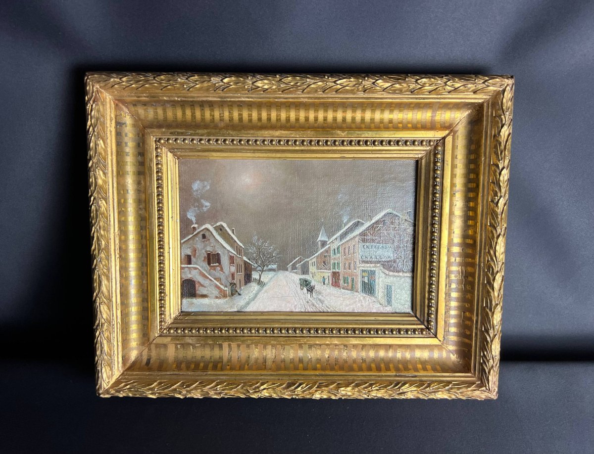 Paysage d’hiver – Huile sur toile dans son cadre en bois doré-photo-3