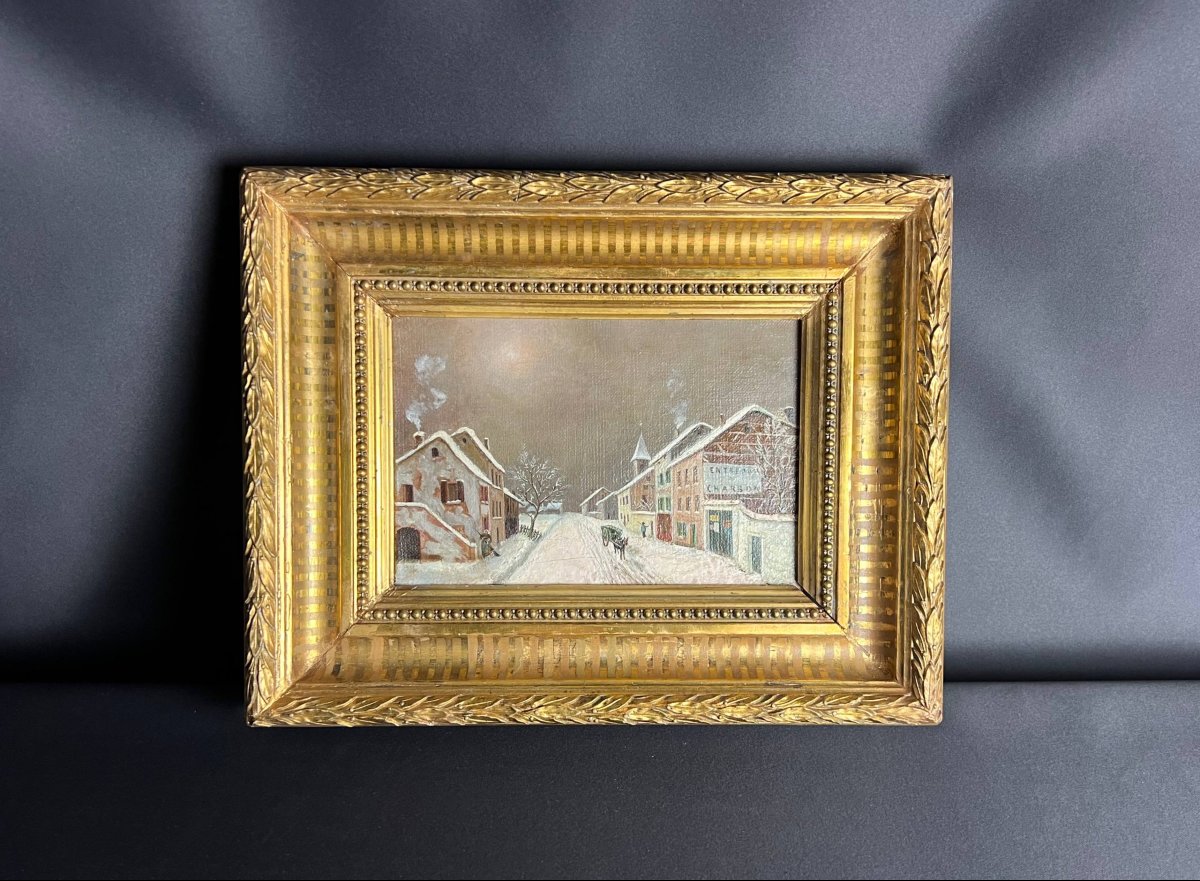 Paysage d’hiver – Huile sur toile dans son cadre en bois doré