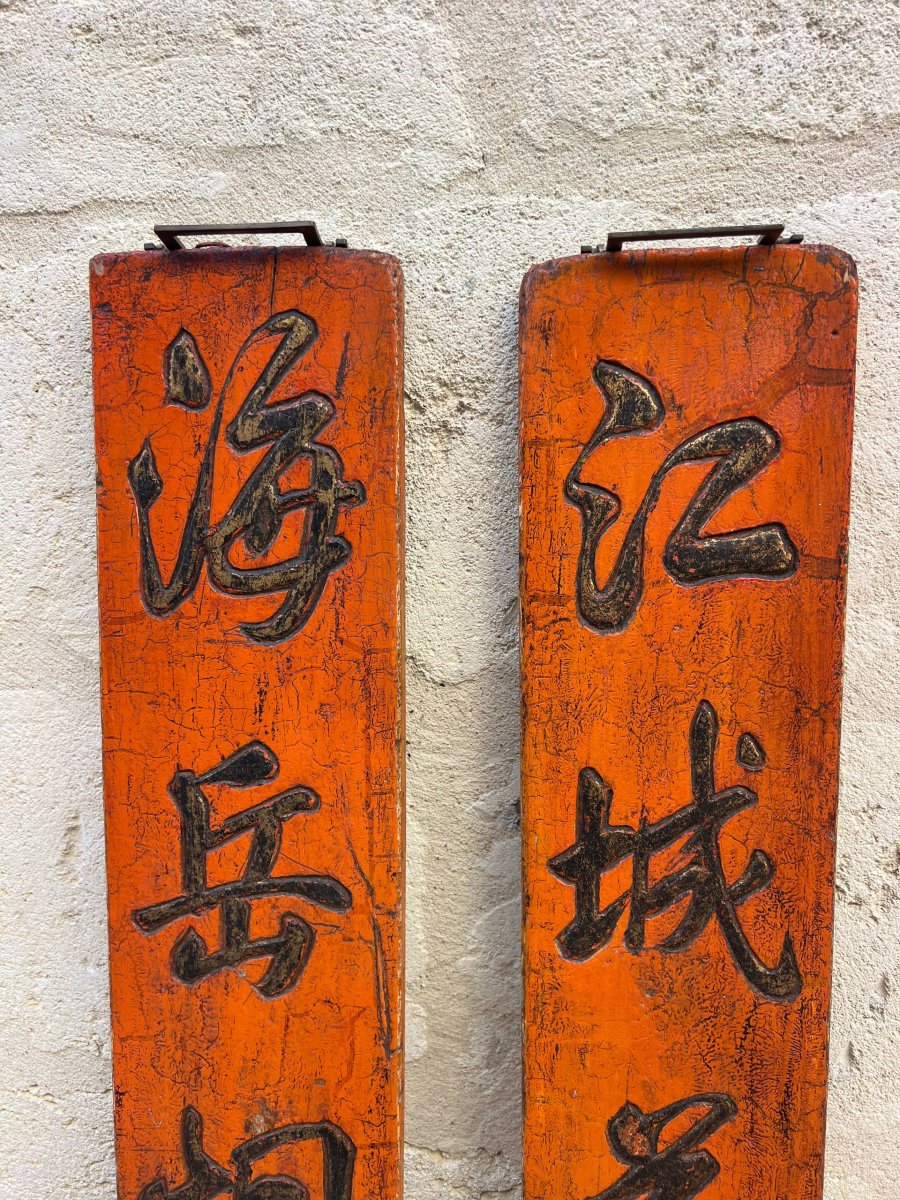 Pair Of Large Antique Chinese Lacquered Wooden Panels-photo-2
