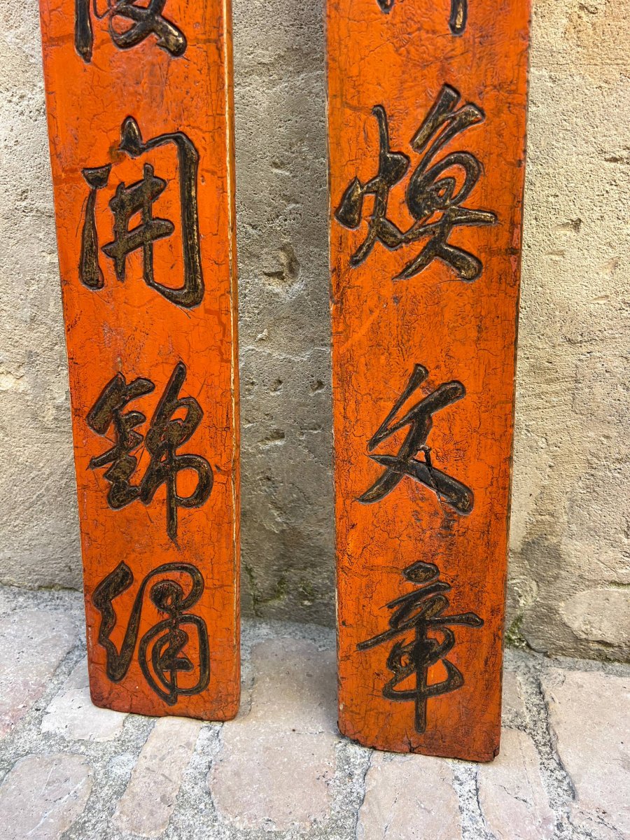 Pair Of Large Antique Chinese Lacquered Wooden Panels-photo-4