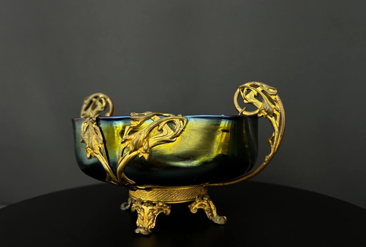 Art Nouveau Glass Goblet With Iridescent Finish By Loetz / Kralik, With A Setting Attributed To Lucien Marcel Bing-photo-4