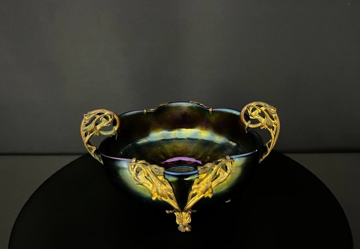 Art Nouveau Glass Goblet With Iridescent Finish By Loetz / Kralik, With A Setting Attributed To Lucien Marcel Bing-photo-1