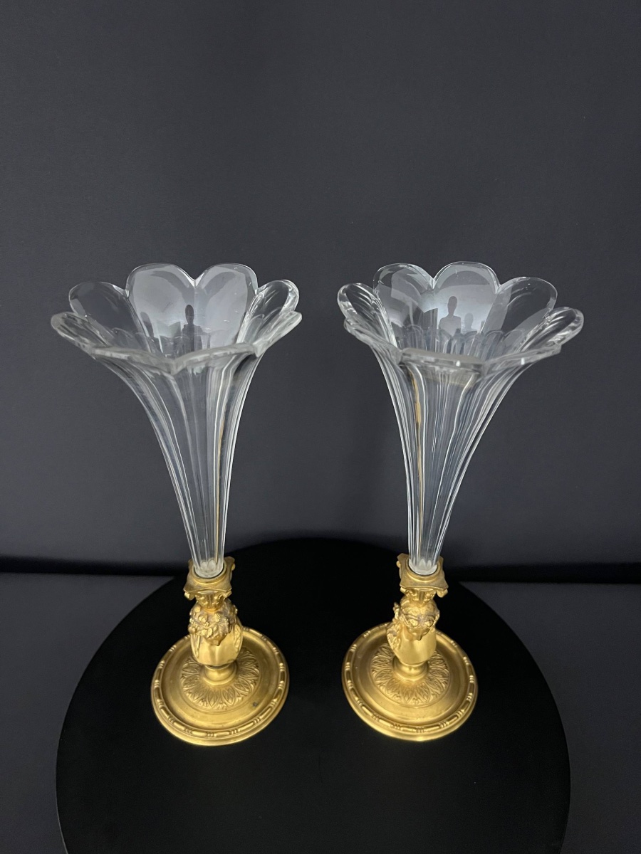Pair Of Conical Vases Made Of Cut Crystal And Gilded Bronze-photo-3
