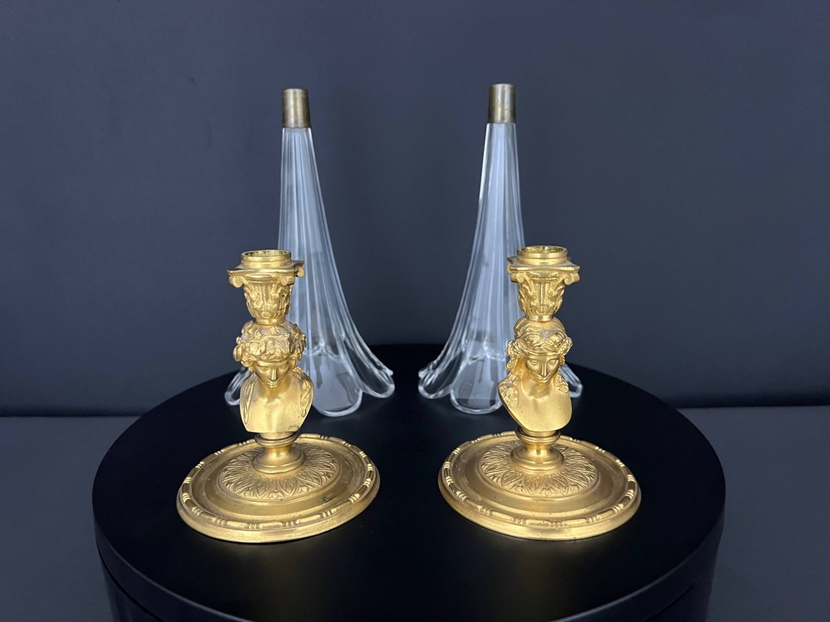Pair Of Conical Vases Made Of Cut Crystal And Gilded Bronze-photo-2