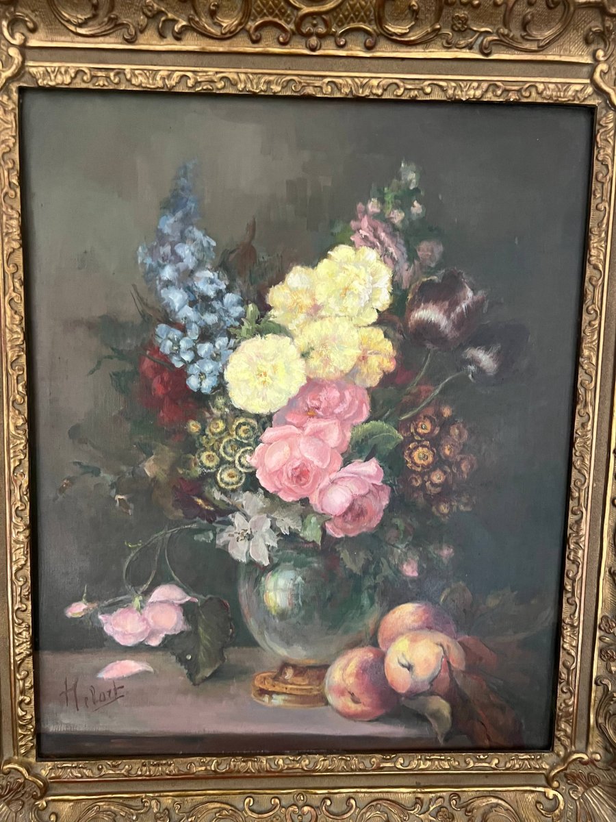 Nature morte aux fleurs et aux pêches, huile sur toile signée -photo-2
