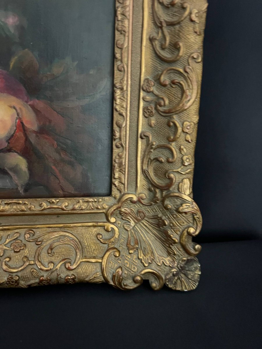 Nature morte aux fleurs et aux pêches, huile sur toile signée -photo-3