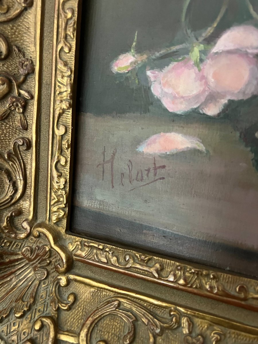 Nature morte aux fleurs et aux pêches, huile sur toile signée -photo-3