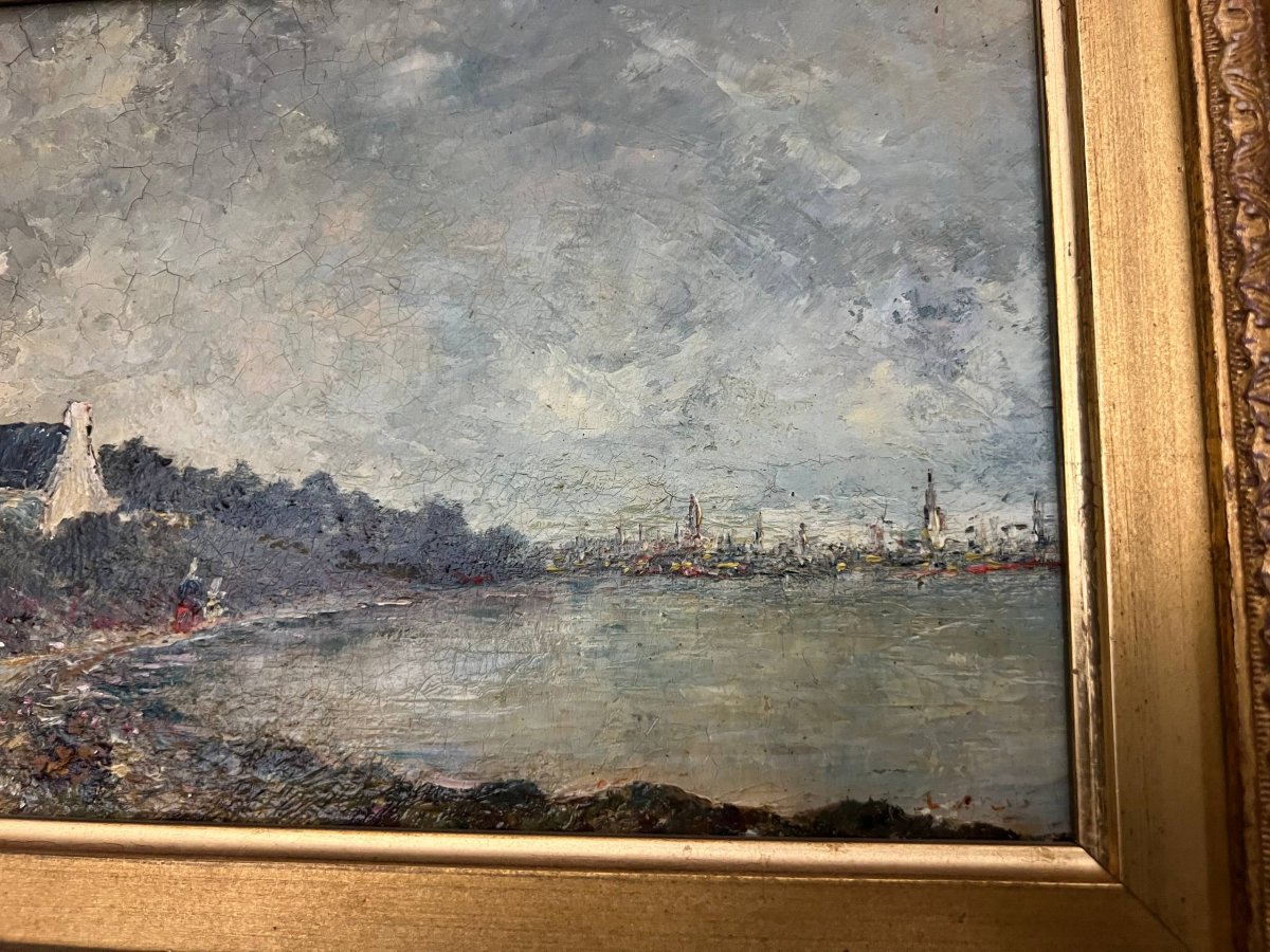 Huile sur panneau, vue côtière impressionniste, début du XXe siècle-photo-3