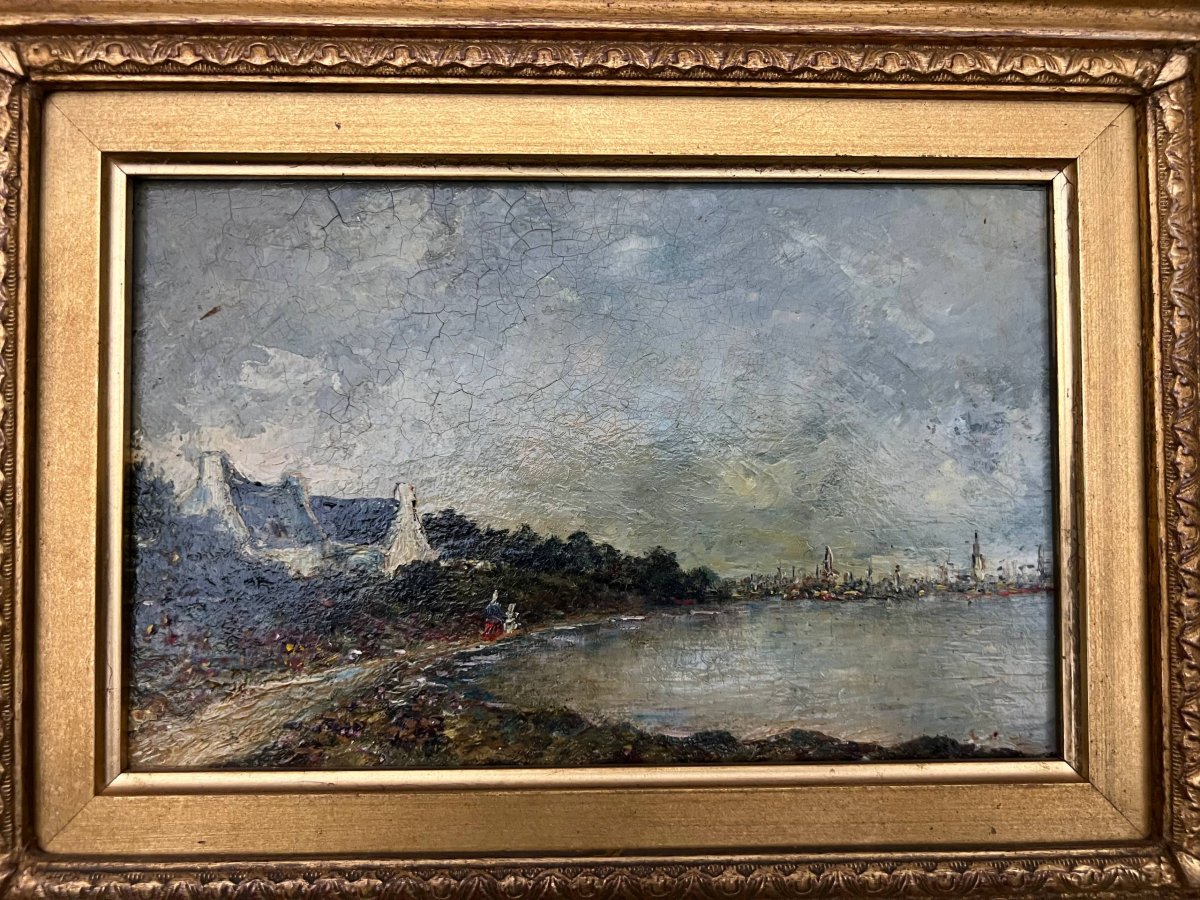 Huile sur panneau, vue côtière impressionniste, début du XXe siècle-photo-4