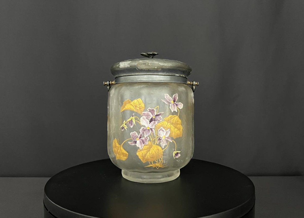 Rare Art Nouveau Cookie Jar – Legras & Cie, With A Frame Hallmarked "gallia" -photo-3
