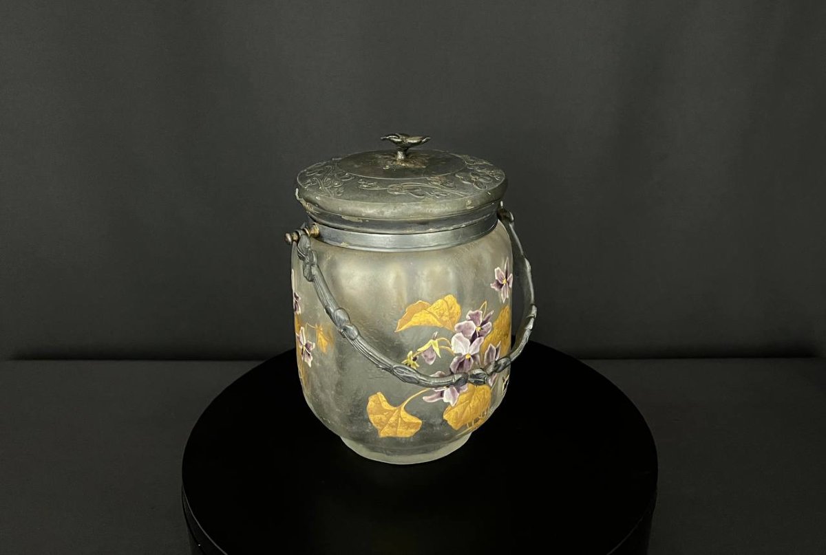 Rare Art Nouveau Cookie Jar – Legras & Cie, With A Frame Hallmarked "gallia" -photo-4