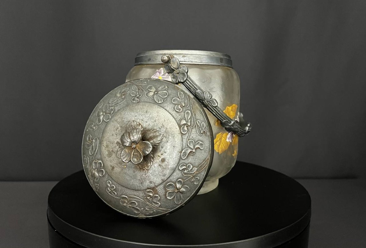 Rare Art Nouveau Cookie Jar – Legras & Cie, With A Frame Hallmarked "gallia" -photo-3