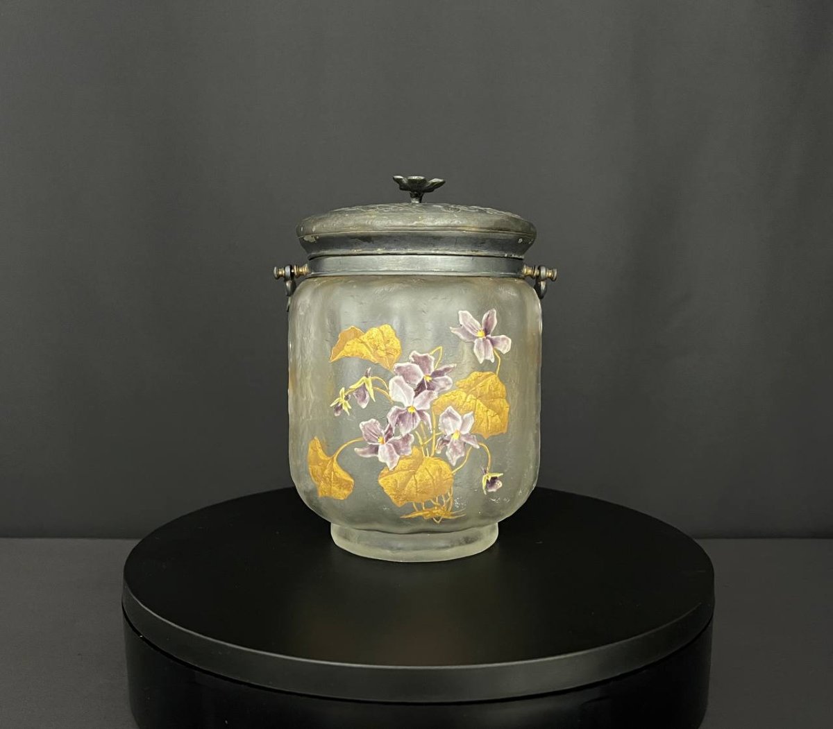 Rare Art Nouveau Cookie Jar – Legras & Cie, With A Frame Hallmarked "gallia" 