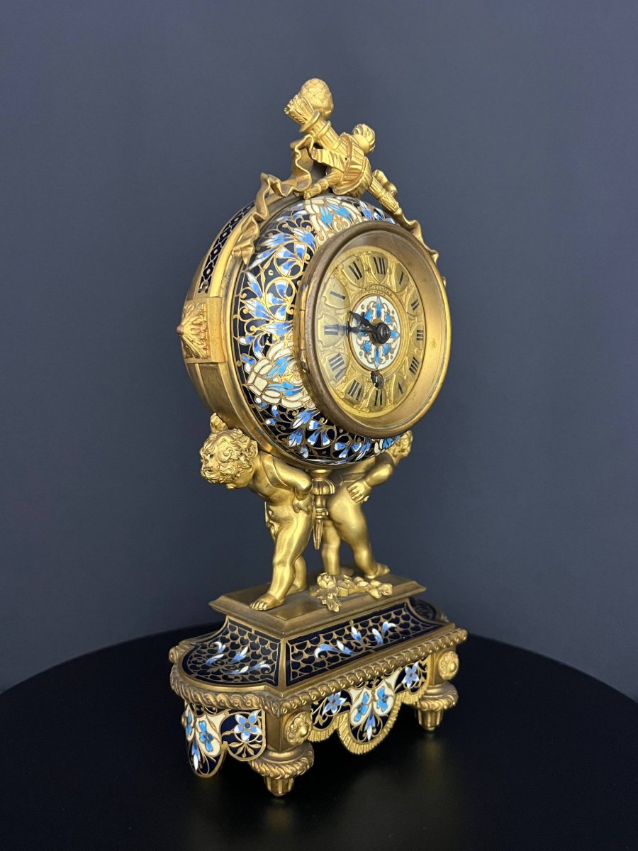 Pendule de cheminée en bronze doré et émaux polychromes aux putti-photo-4