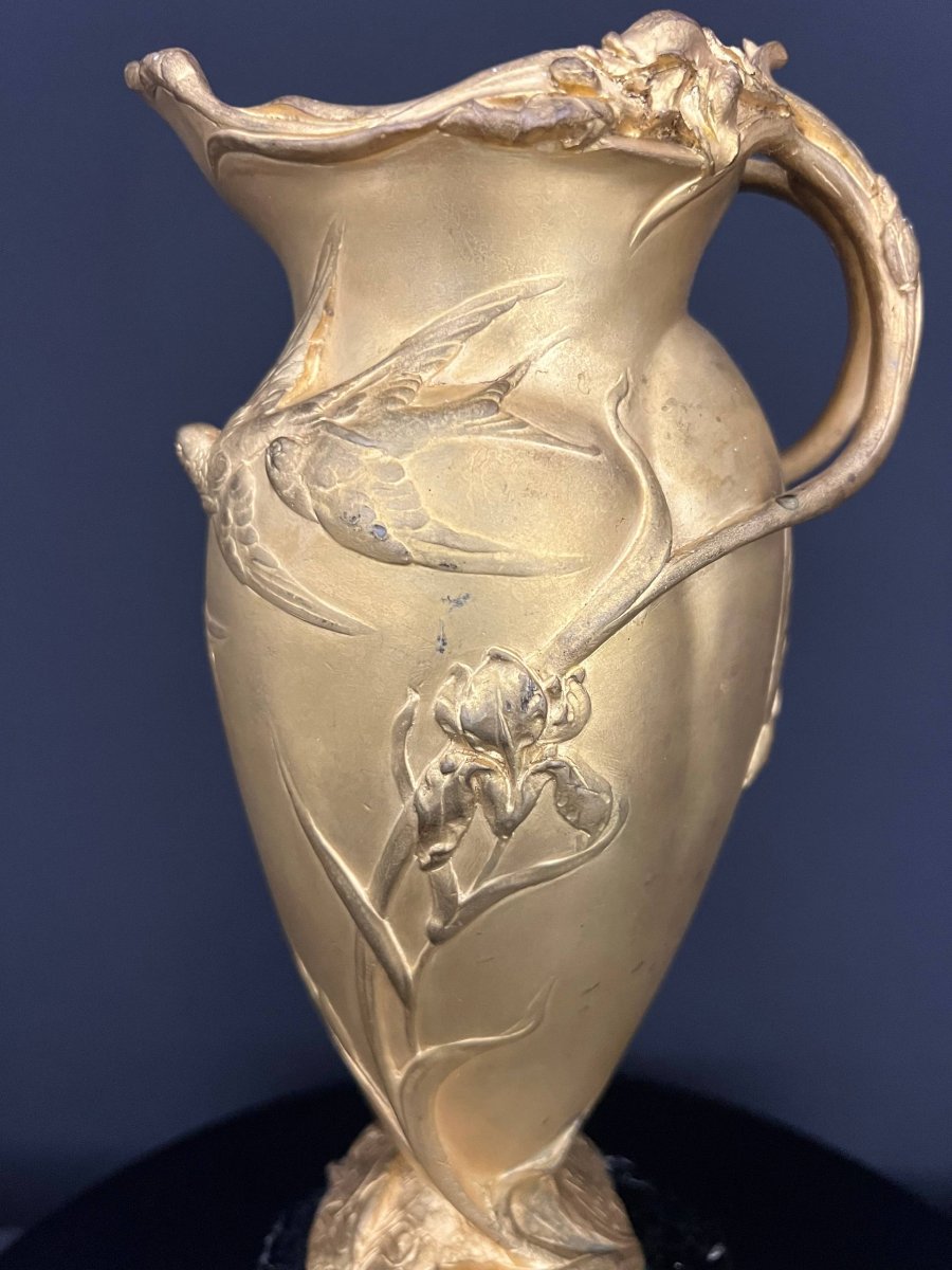 Art Nouveau Vase In Gilded Bronze, Signed T. Hingre-photo-2