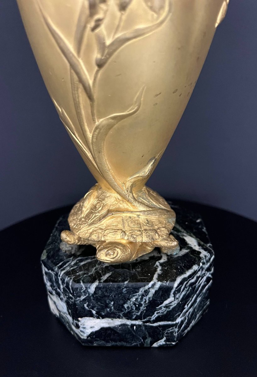 Art Nouveau Vase In Gilded Bronze, Signed T. Hingre-photo-4