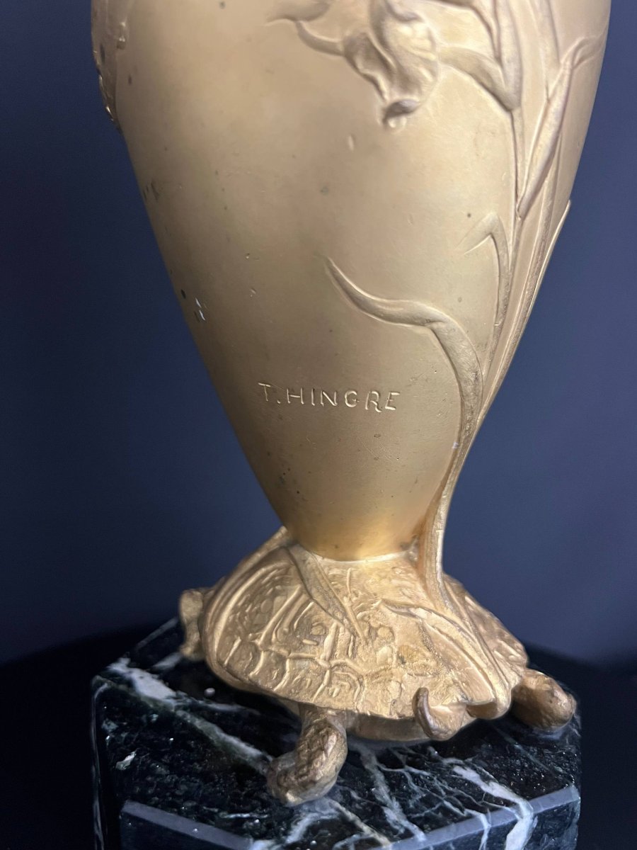 Art Nouveau Vase In Gilded Bronze, Signed T. Hingre-photo-3