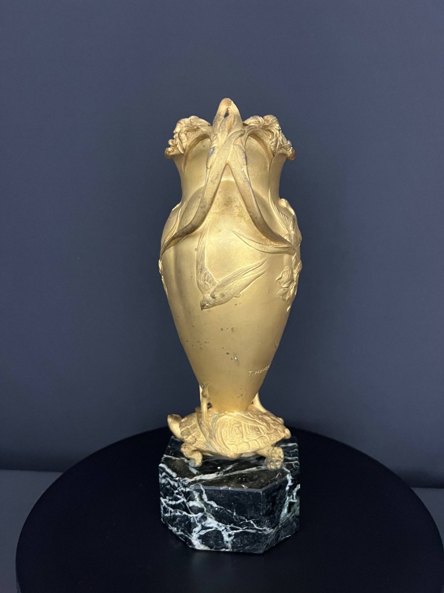 Art Nouveau Vase In Gilded Bronze, Signed T. Hingre-photo-4