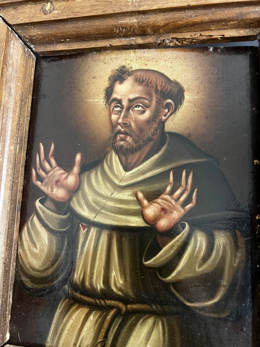 Saint Francis Of Assisi – Oil On Panel, Antique Religious Painting-photo-2