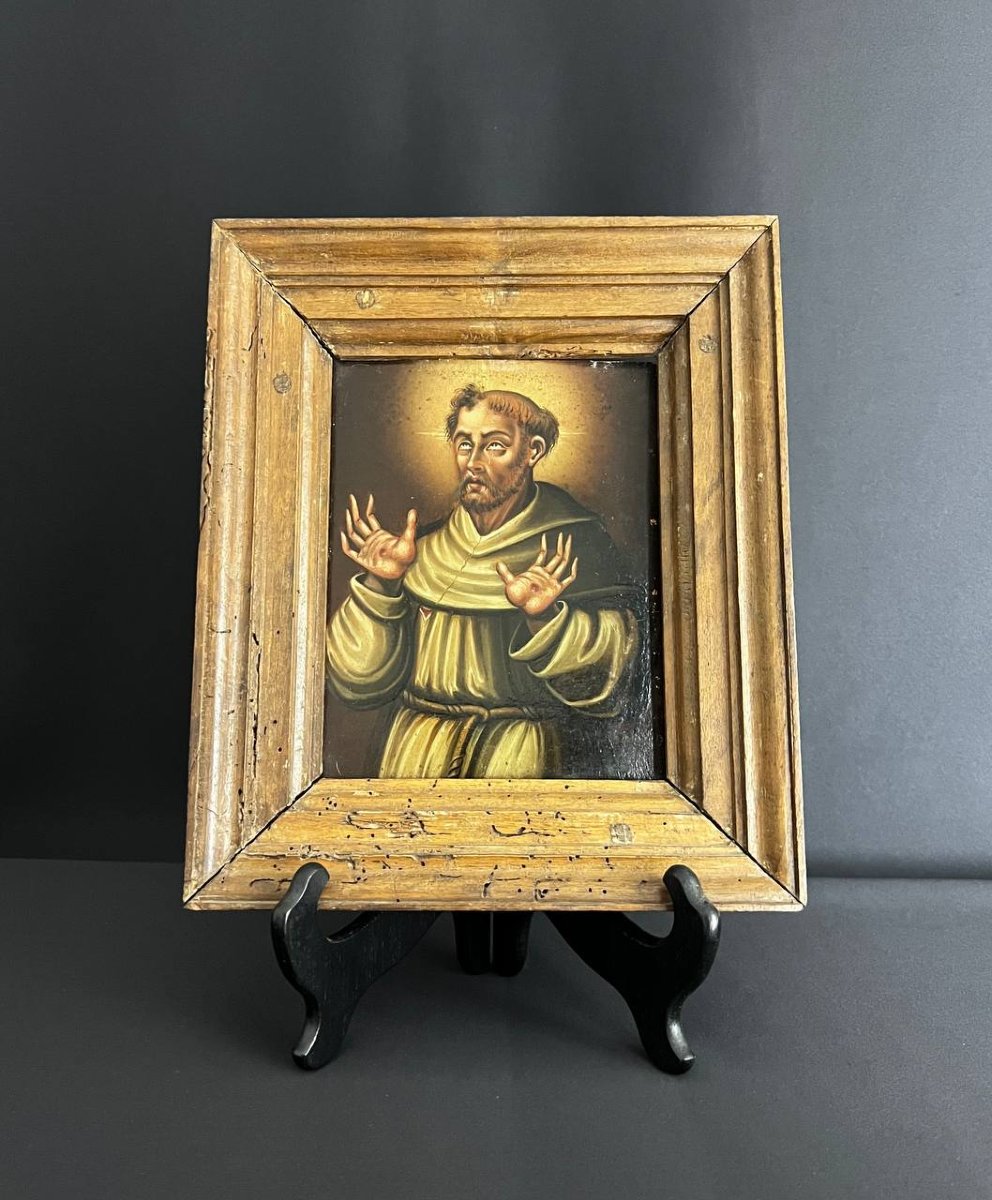 Saint Francis Of Assisi – Oil On Panel, Antique Religious Painting-photo-3