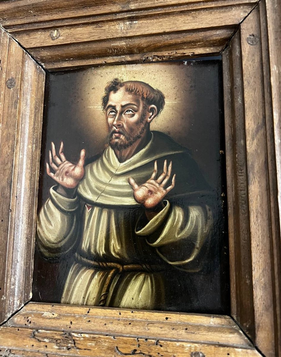 Saint Francis Of Assisi – Oil On Panel, Antique Religious Painting-photo-1