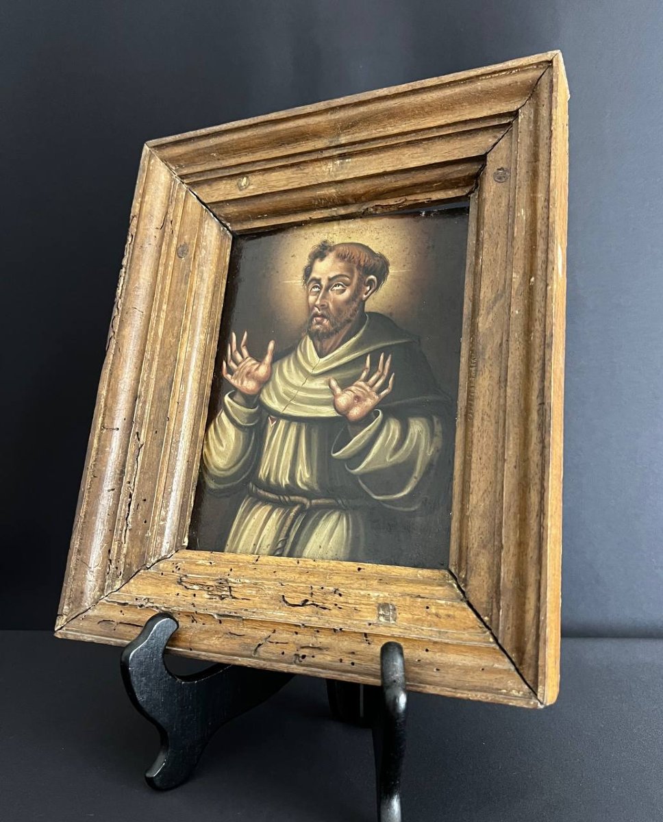 Saint Francis Of Assisi – Oil On Panel, Antique Religious Painting-photo-2